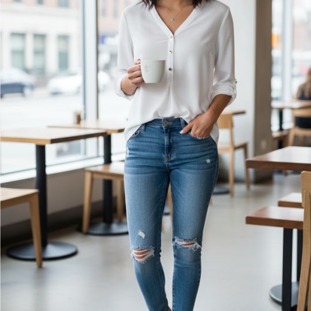 JM Collection White Sheer Long-sleeve Blouse Minimalist - Women’s PM